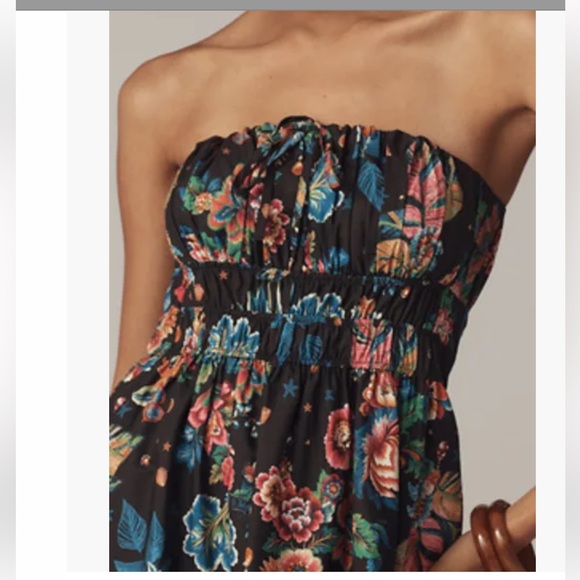 Anthropologie Black Strapless Maxi Dress with Pink, Purple & Yellow Floral Print - Picture 2 of 11